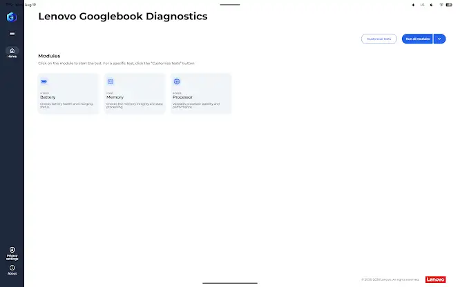 Lenovo Googlebook Diagnostics screenshot 1