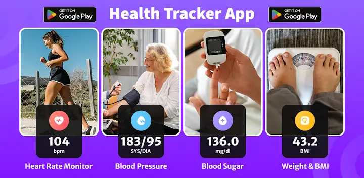 Heart Rate, BP & Sugar App — Android app banner